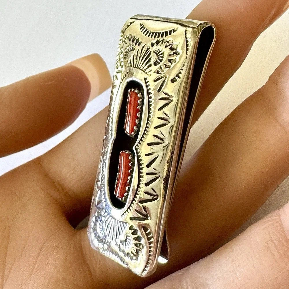 Navajo Red Coral Money Clip Handmade Skeets Shadowbox Stamped Native American